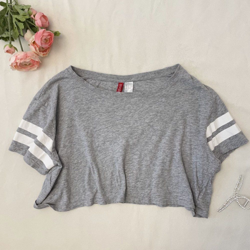 H&M Gray and White Striped-Sleeve Cropped Baseball Tee